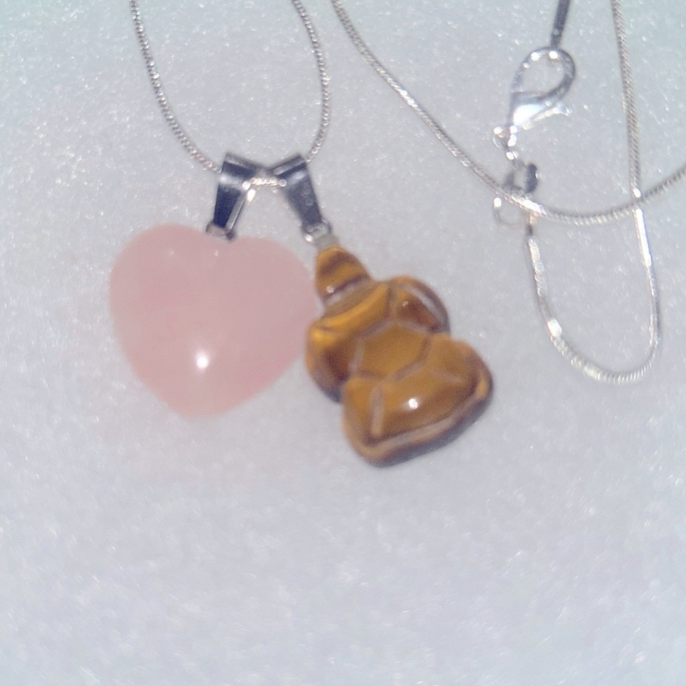 Rose Quartz Heart ❤️ and Tigers Eye turtle 🐢 sterling silver 16” necklace